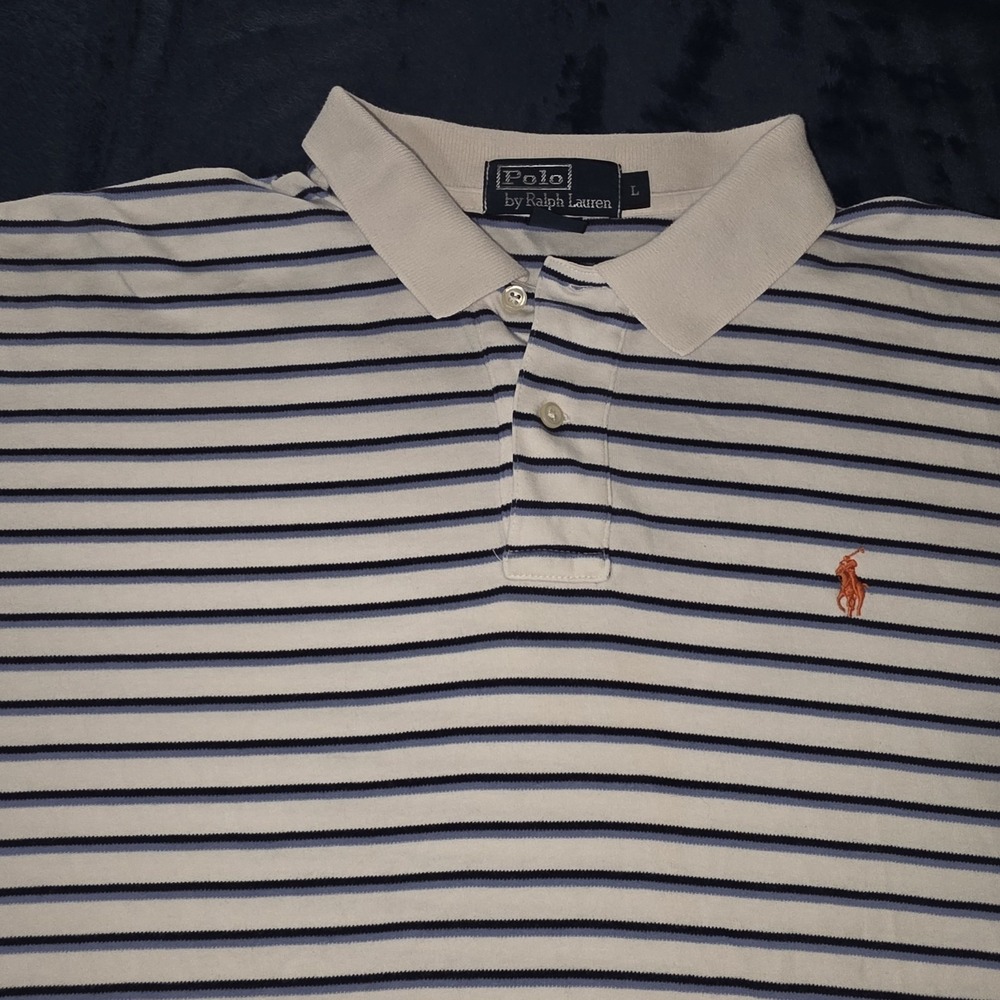 Polo Ralph Lauren Mens Short Sleeve Blue & White Striped Cotton Large Polo Adult